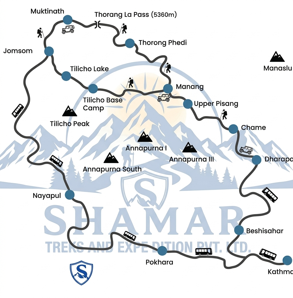 Route map for Annapurna Circuit with Tilicho Lake