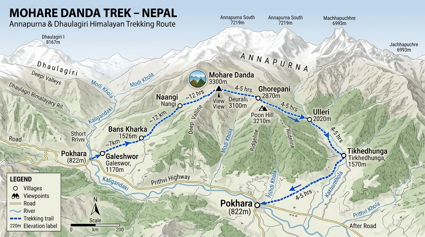 Route map for Mohare Danda Trek