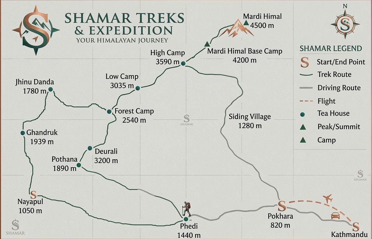 Route map for Mardi Himal Trek