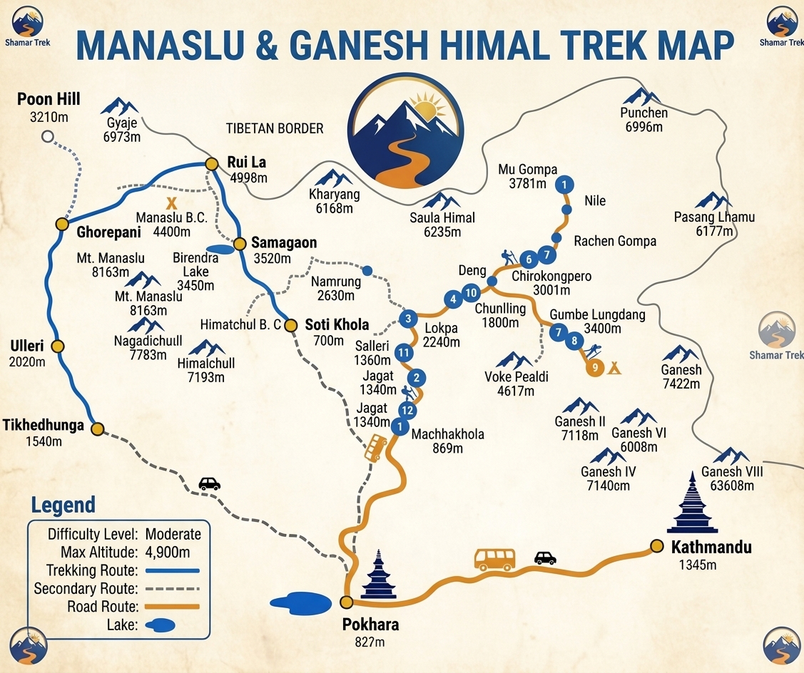 Route map for Tsum Valley Trek
