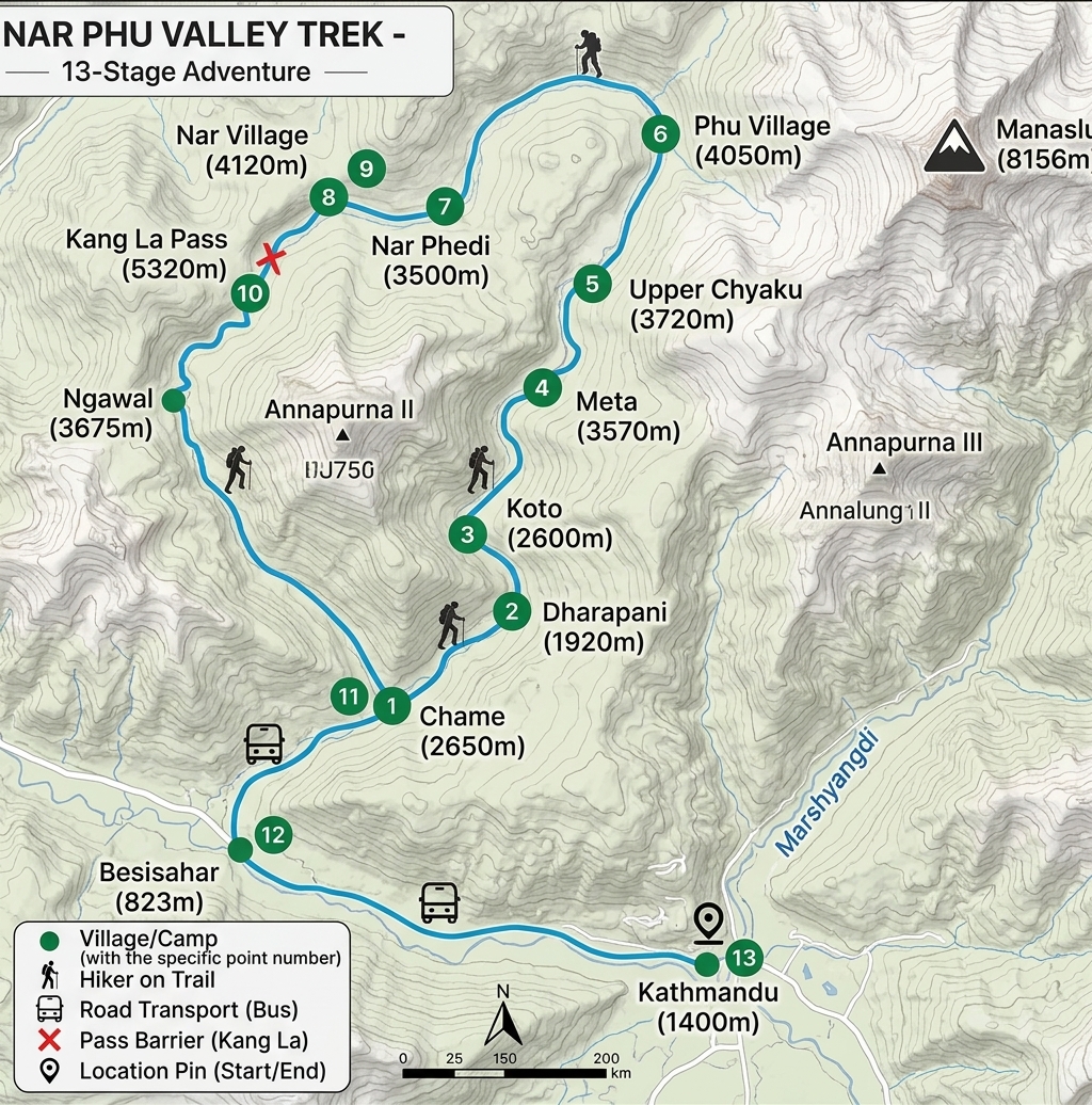 Route map for Nar Phu Valley Trek