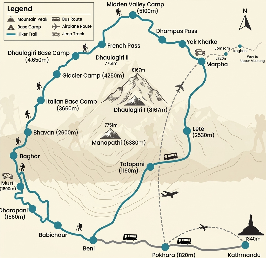 Route map for Dhaulagiri Base Camp & French Pass Trek