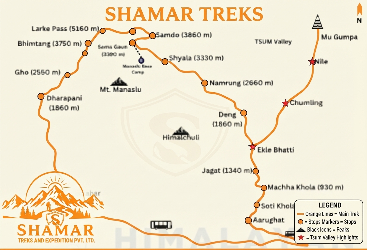 Route map for Manaslu Circuit Trek
