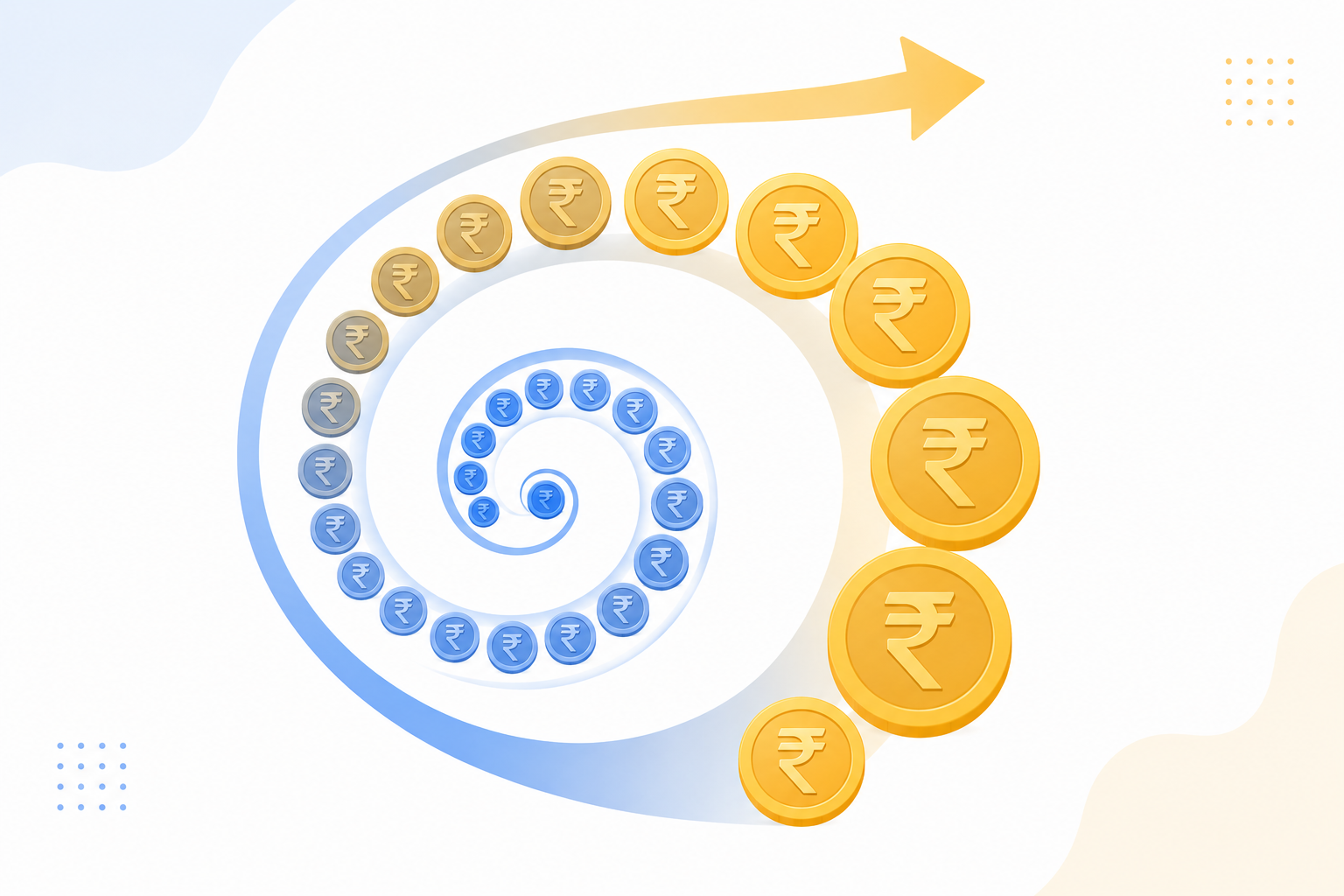 Compound Interest Growth Snowball Effect Illustration Illustration showing compound interest as a spiral of growing Indian rupee coins, demonstrating how interest earns additional interest over time.