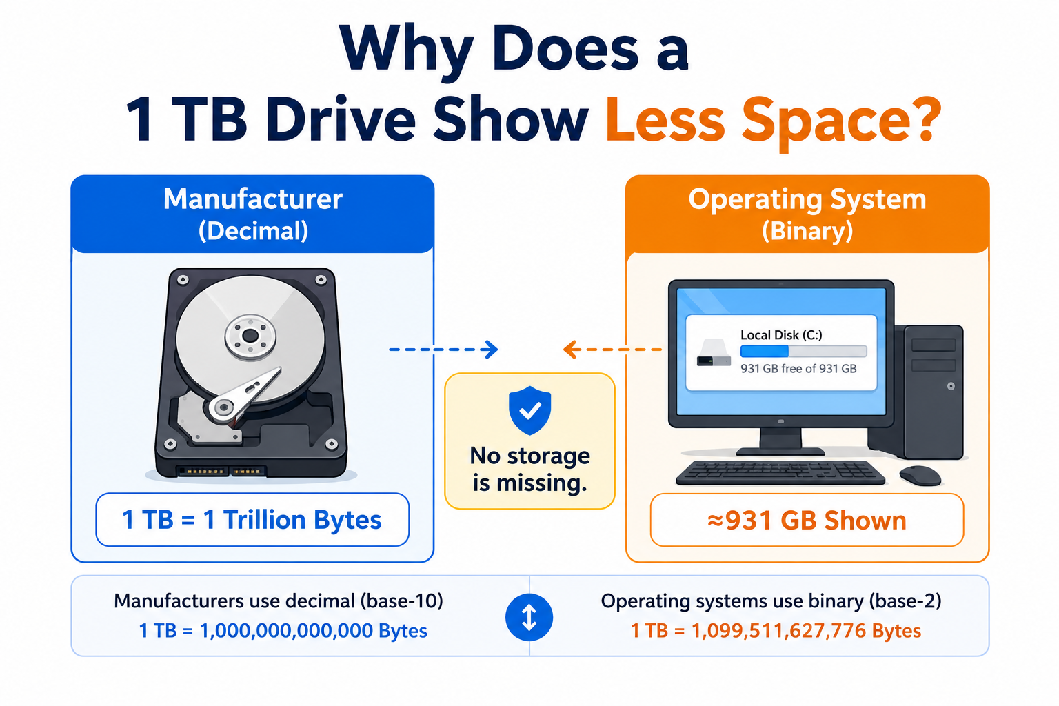 Why a 1TB Drive Shows Only 931GB – Binary vs Decimal Explained Comparison infographic explaining why a 1TB hard drive shows approximately 931GB, contrasting decimal storage measurement by manufacturers with binary measurement by operating systems.