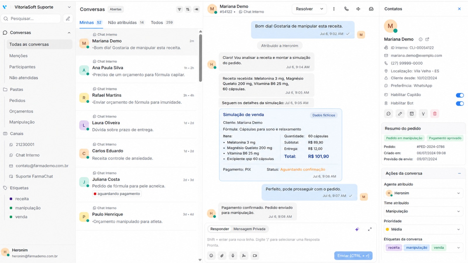 Tela do VS-Chat com atendimento via WhatsApp integrado ao sistema