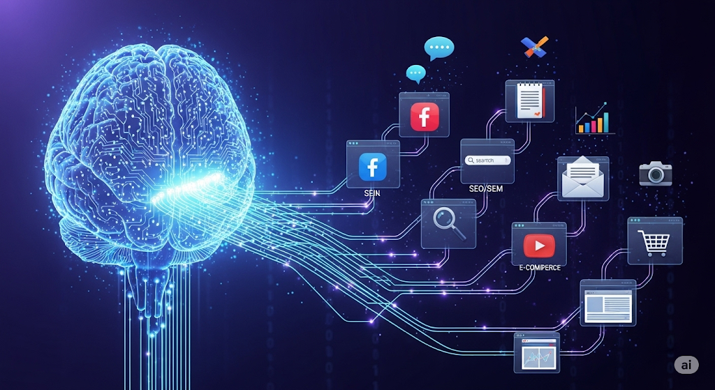 Ilustración de un cerebro de IA conectado a diferentes canales de marketing digital, simbolizando la automatización de contenido.