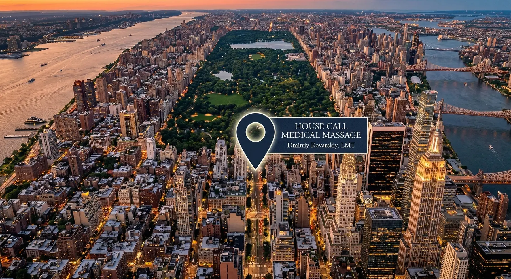 Aerial view of Manhattan — House Call Medical Massage serving Upper West Side, Upper East Side, and Midtown — Dmitriy Kovarskiy, LMT