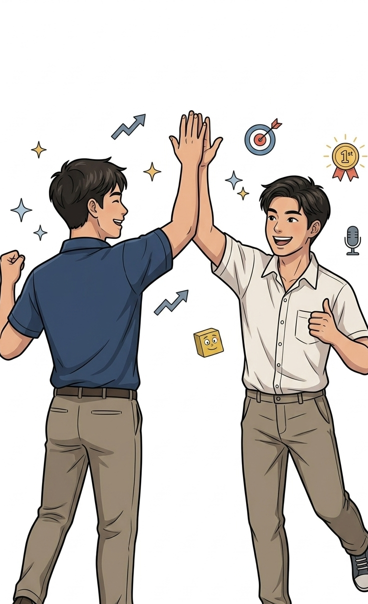 Illustration celebrating progress from app practice and onsite speaking.
