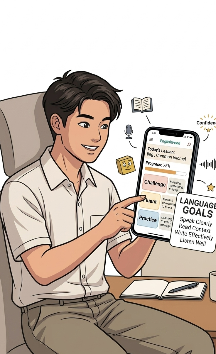 App Member: learner using EnglishFeed daily practice on a phone.