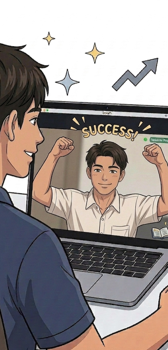 Pro Member: learner celebrating progress after focused online coaching.