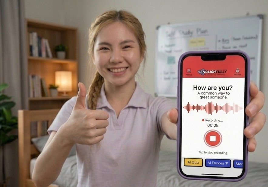EnglishFeed on a phone: speech practice with “How are you?”, recording waveform, timer, and stop control.