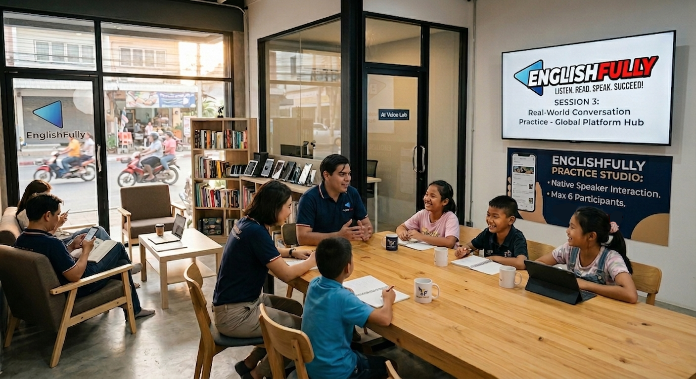 Small group English speaking lab: Native Mentors and members around a table during onsite conversation practice at EnglishFully.
