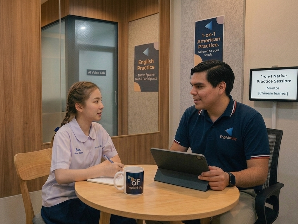 Onsite one-on-one English practice: a Native Mentor and learner at a conversation table in EnglishFully’s practice studio.