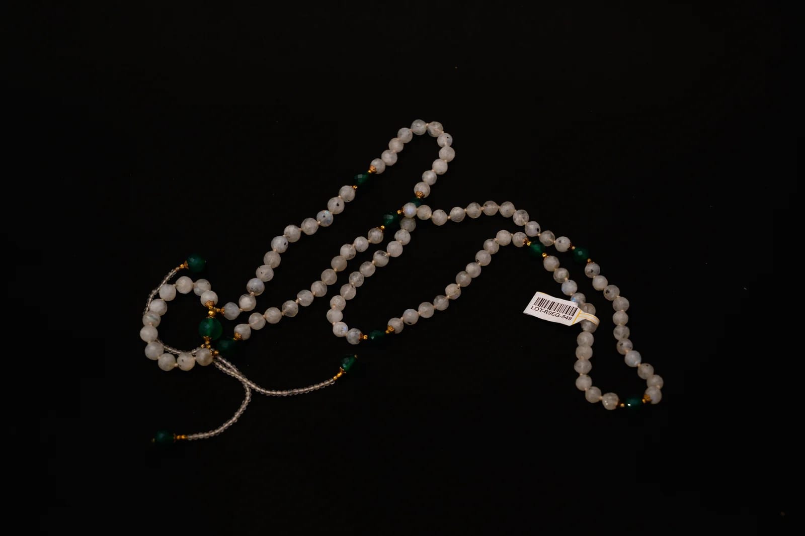 Sacred Moonstone & Green Jade Harmony Mala — detail view