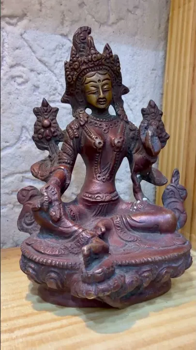 Ornate Inlaid Turquoise & Coral Brass Goddess Lakshmi Idol
