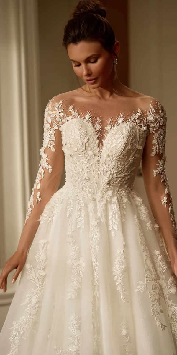 Détail du bustier illusion et de la dentelle 3D de la robe Sirocco