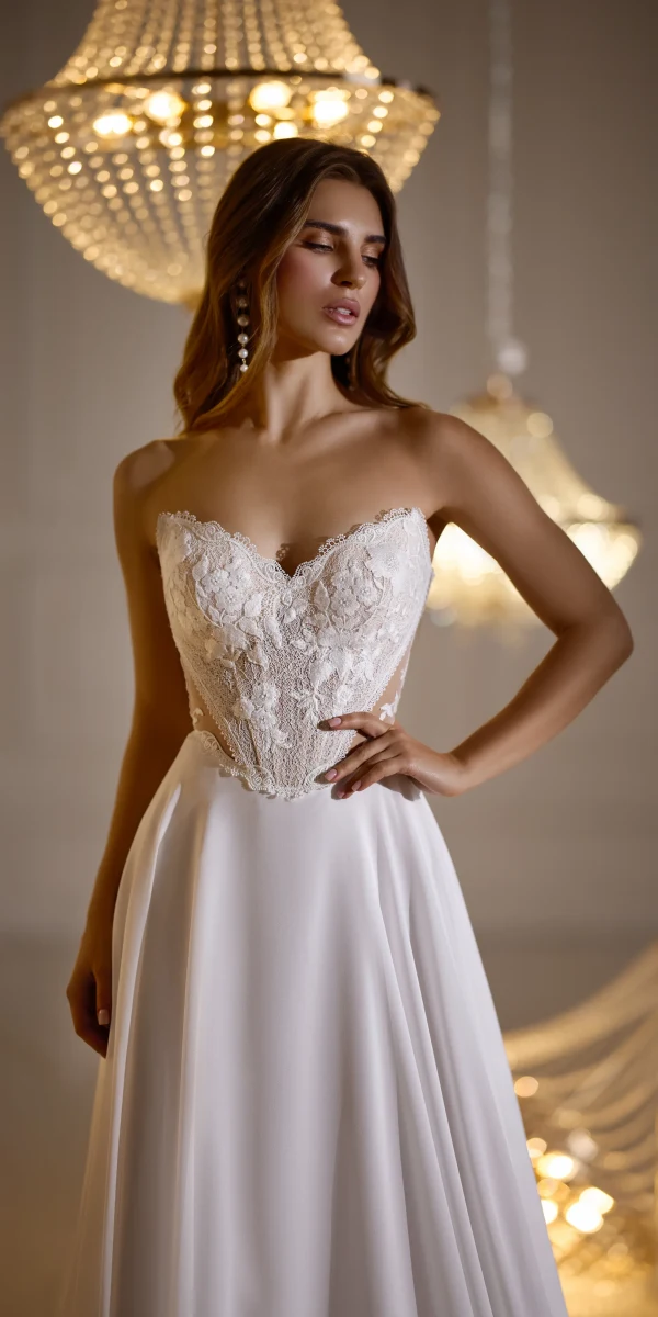 Robe de mariée Dove portée en version bustier sans manches, style 2-en-1 - Monica Mariage Toulouse