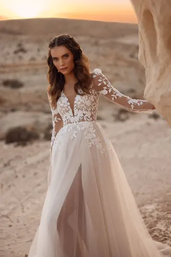 Robe de mariée princesse manches longues dentelle feuillage illusion jupe tulle champagne désert