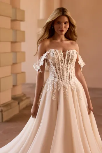 Robe de mariée princesse corset transparent dentelle florale off-shoulder jupe tulle champagne