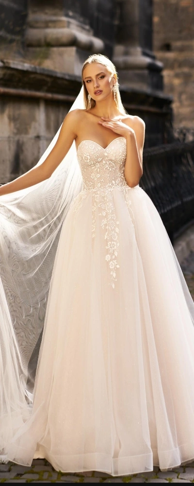 Robe de mariée princesse bustier cœur broderies perlées jupe tulle champagne - vue de face