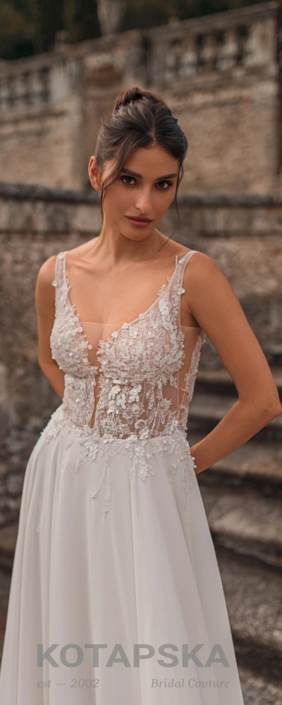 Robe de mariée bohème bustier illusion dentelle florale jupe mousseline - vue de face