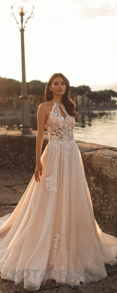 Robe de mariée évasée col américain dentelle pailletée jupe tulle champagne - vue de face