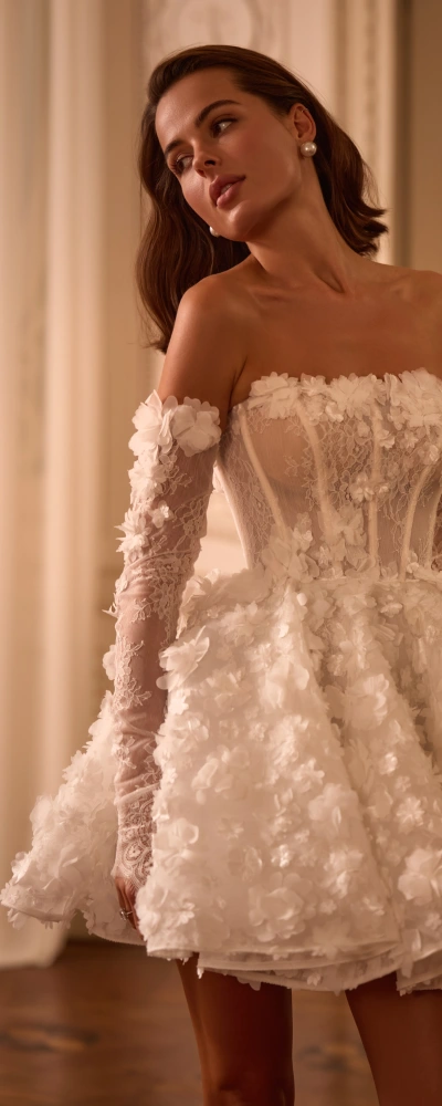 Robe de mariée courte corset transparent fleurs 3D off-shoulder gants tulle - vue de face