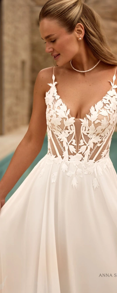 Détail corsage robe Caraya – dentelle guipure transparente et col V profond – Monica Mariage showroom privé