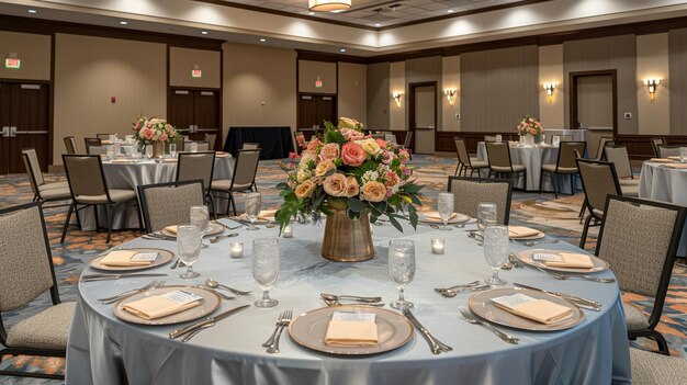 Event coordinator with headset reviewing a timeline in a ballroom