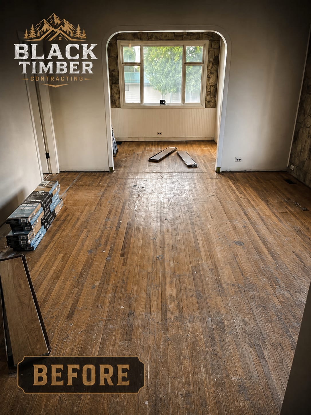 Before — Worn Hardwood → Luxury Vinyl Plank