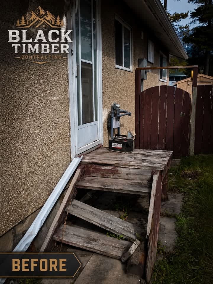 Before — Rotted Entry Stairs with Deck → Custom Cedar Stairs