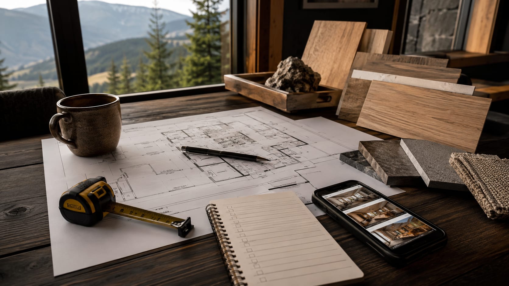 Contractor planning table with floor plans, material samples, and project checklist