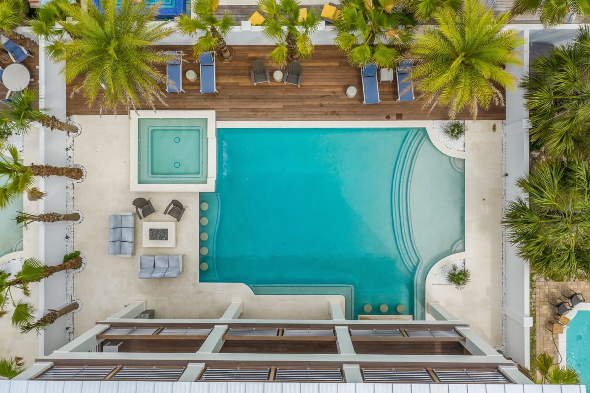 Aerial View of the Sapphire Shores Pool & Spa Aerial view of Sapphire Shores and its patio poolside.