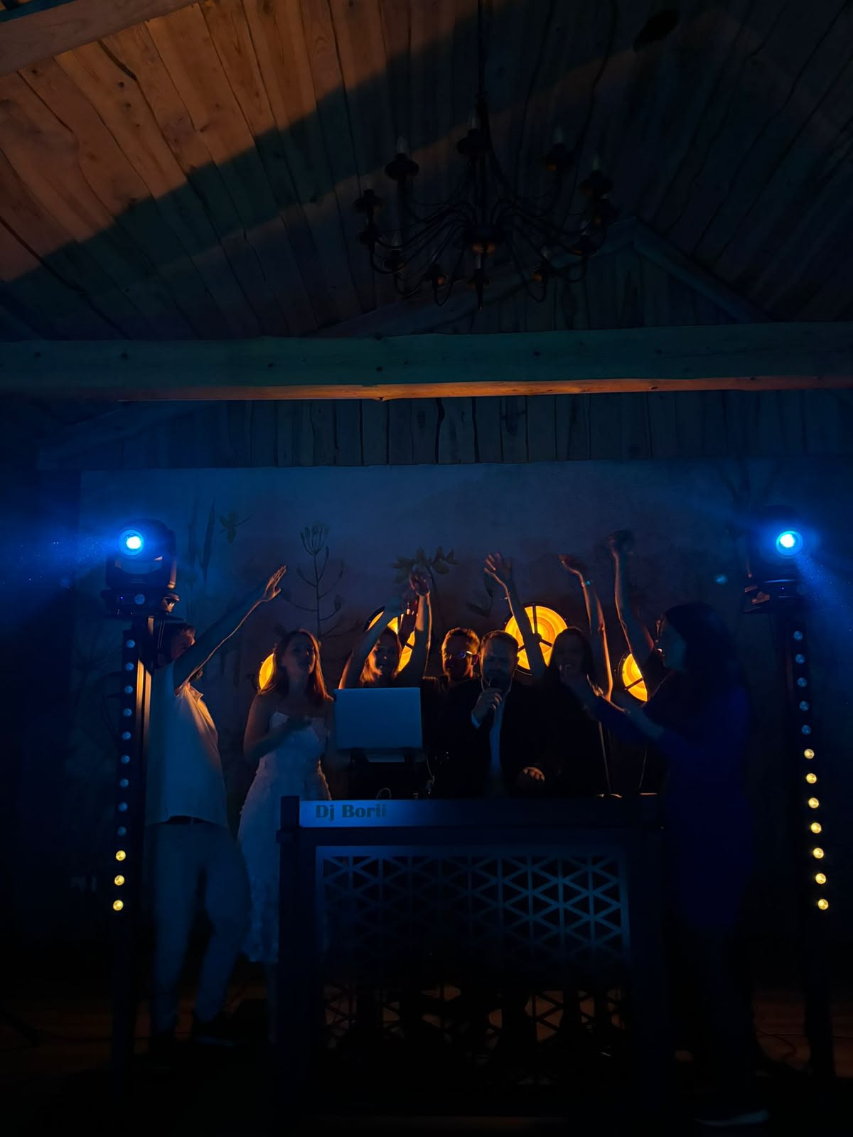 DJ Borii prowadzi zabawę weselną, goście z rękami w górze