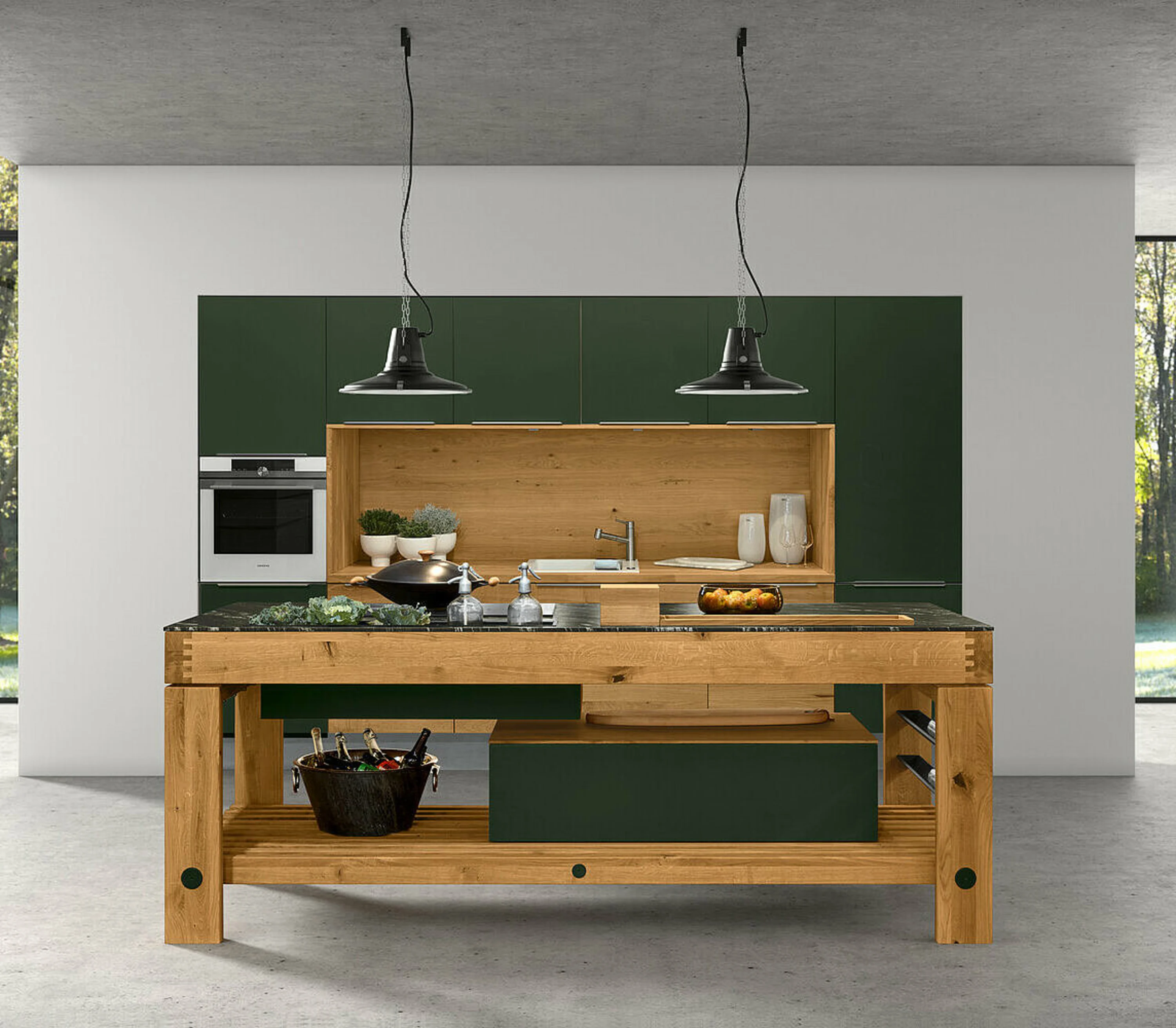 Küche mit grünen Schränken und einer hölzernen Insel