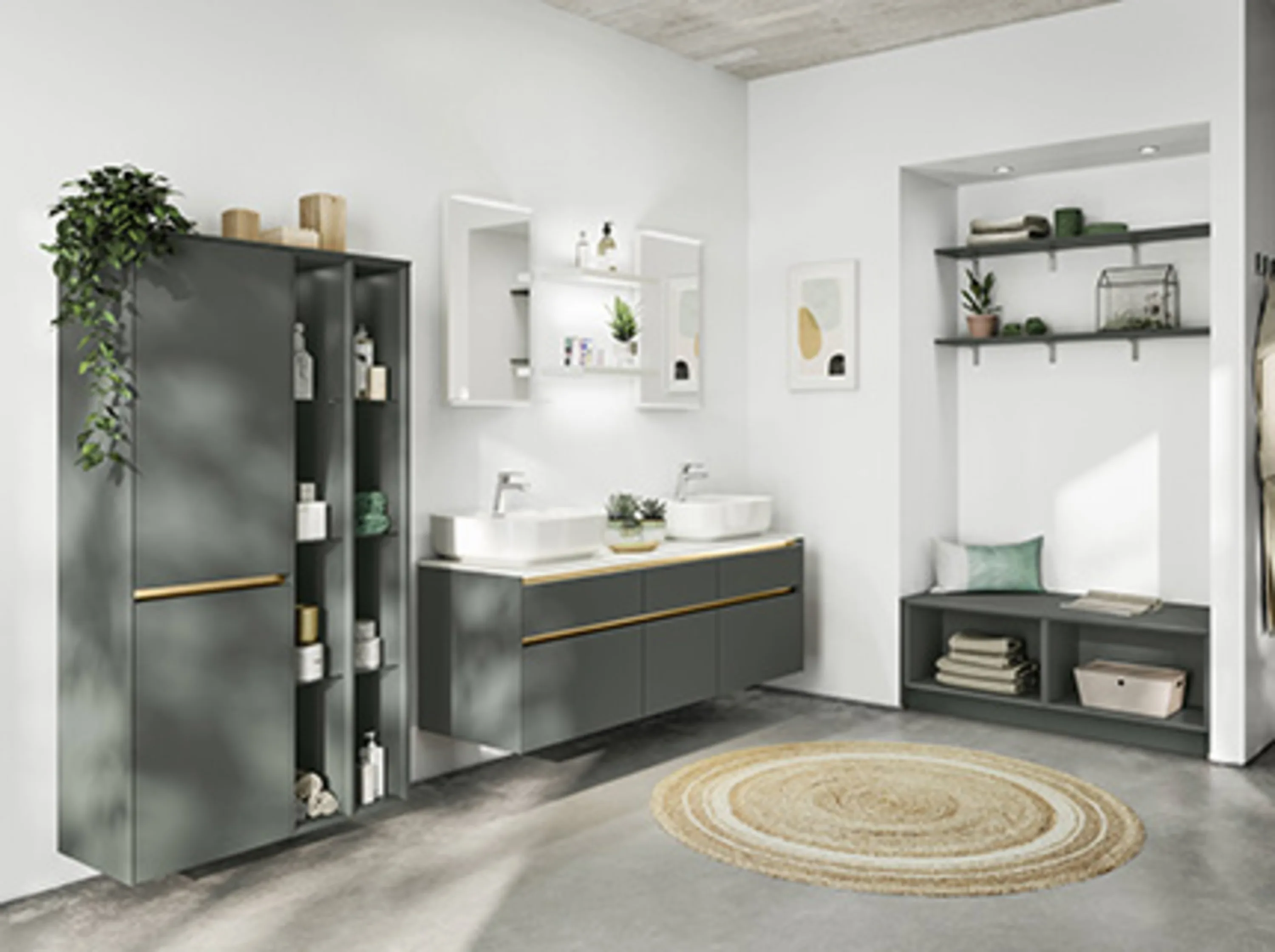 Komplettes Badezimmer 2 Waschbecken mit beleuchtetem Spiegel und Extraschänken