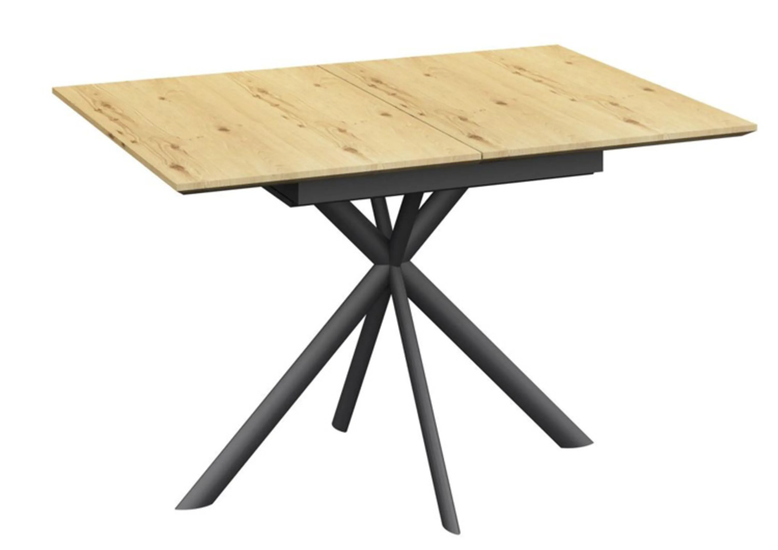 Esstisch mit einer viereckigen Eiche Natur Platte und einem schwarzen Metall Gestell
