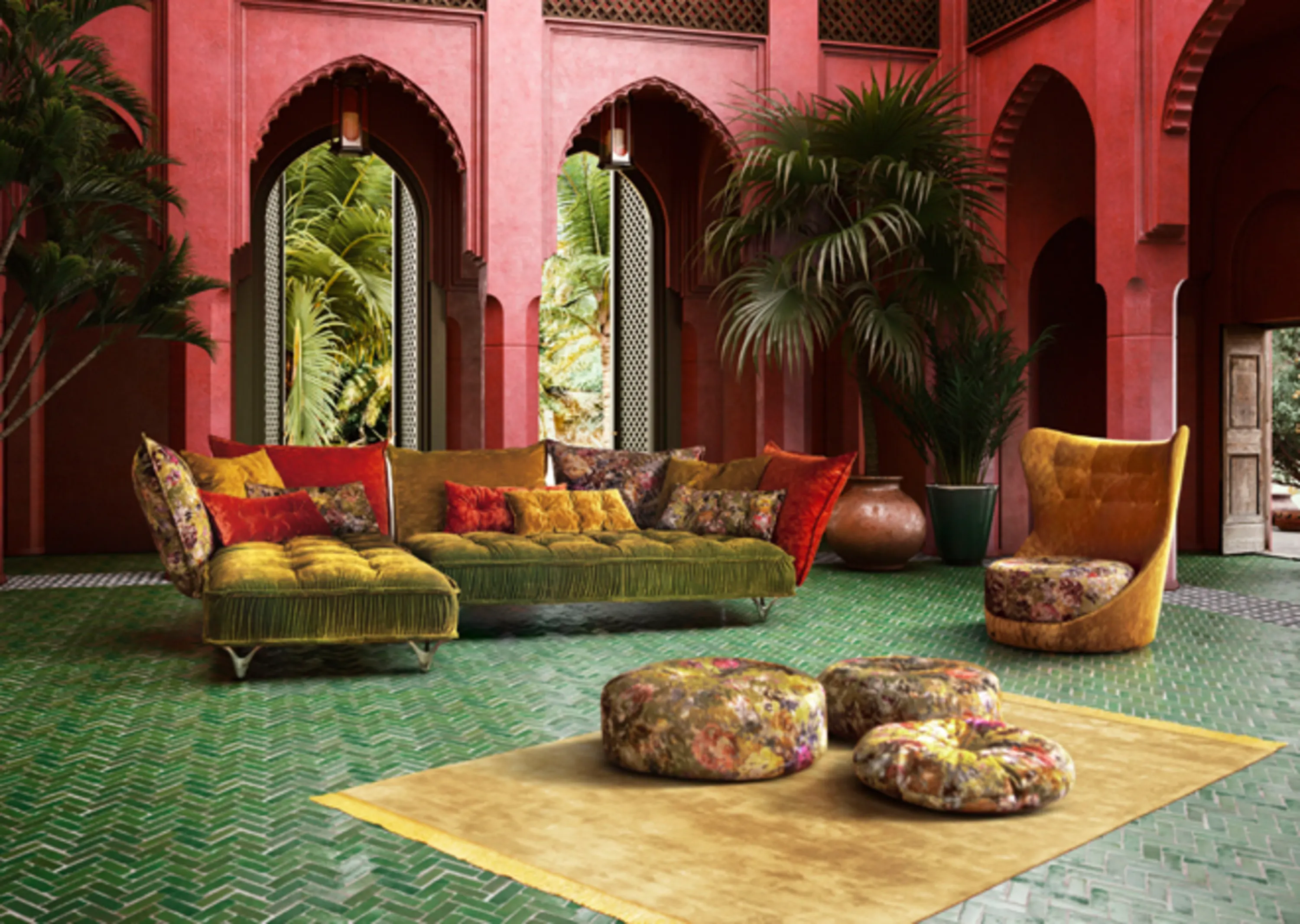 Zimmer mit einem großen Teppich und bunten Möbeln