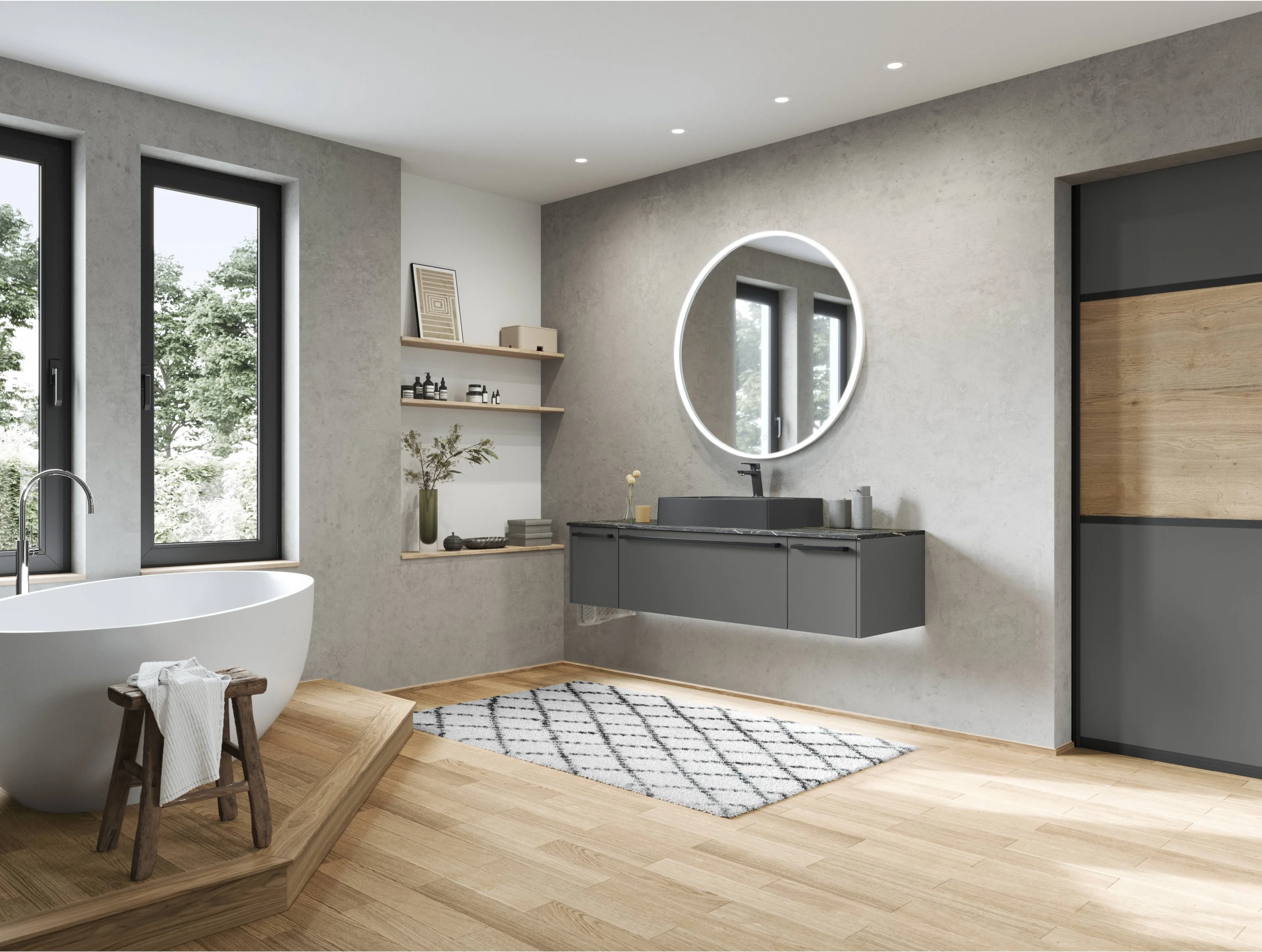 Großes Badezimmercgrauem, schwebenden Waschtisch mit rundem Spiegel und Beleuchtung