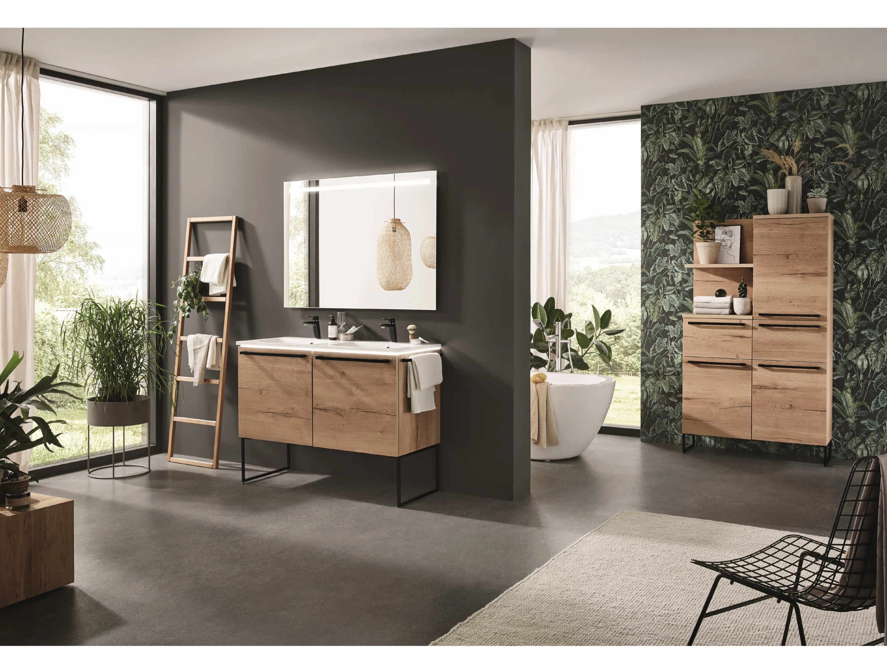 Komplettes Badezimmer inkl. Doppelwaschbecken mit beleuchtetem Spiegel und Extraschänken