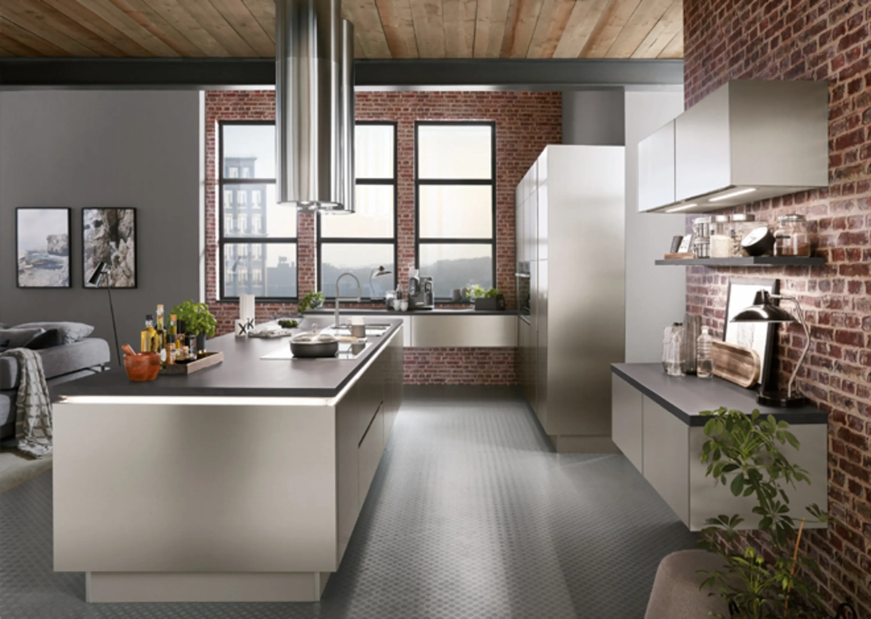 Küche mit Ziegelwänden und einer Ziegeldecke