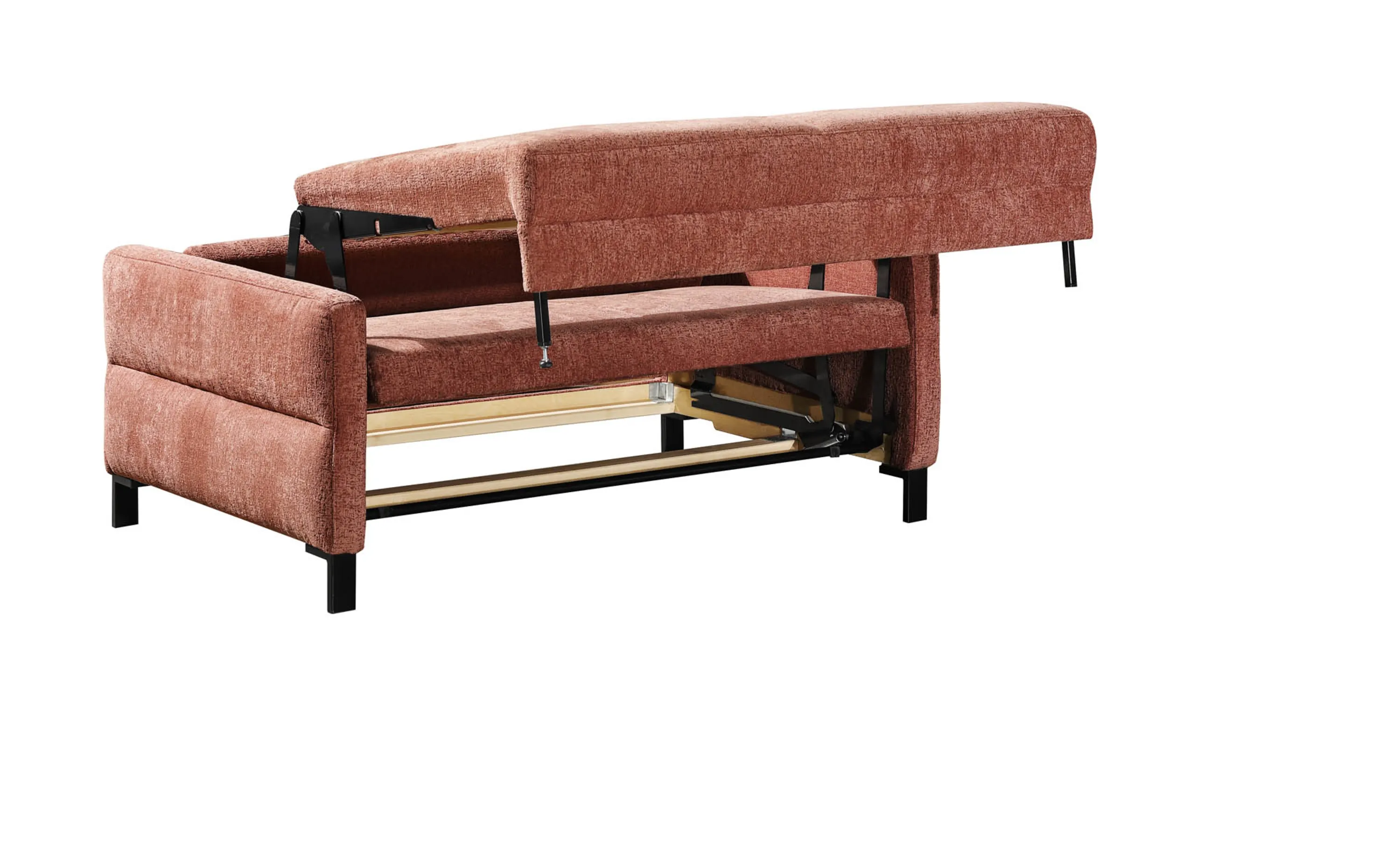 Rosa Couch mit einem schwarzen Rahmen und einem goldenen Metallrahmen