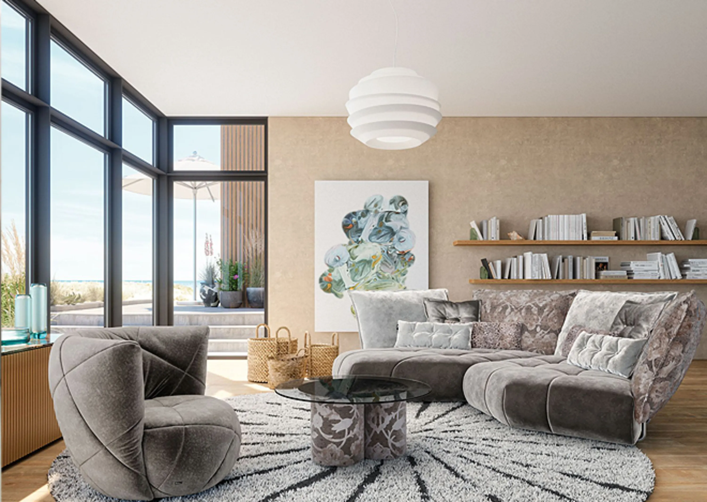 Wohnzimmer mit einem großen Fenster und einem großen Teppich