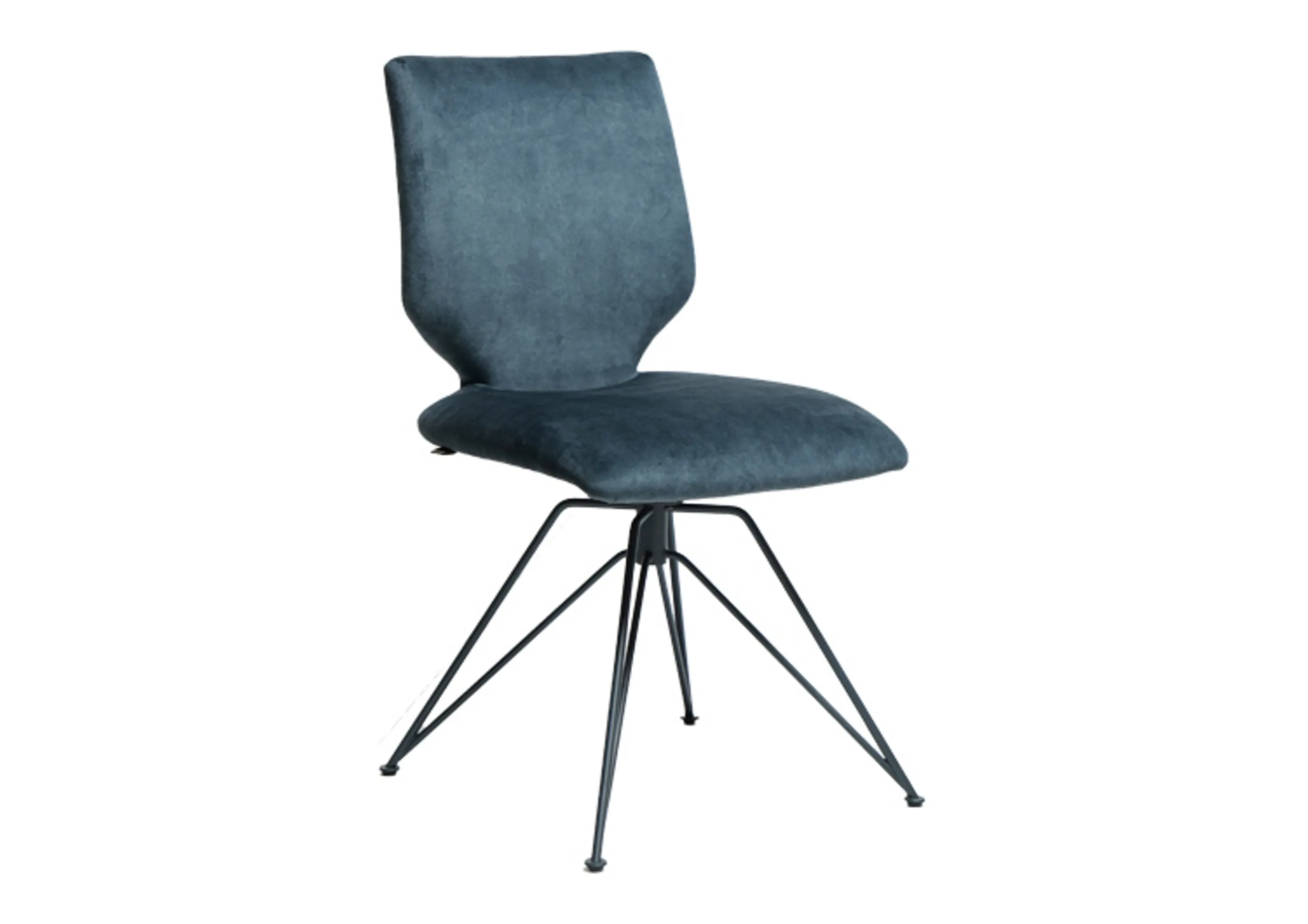 Stuhl mit schwarzem vierfuß Gestell und einem blaueen Stoffbezug