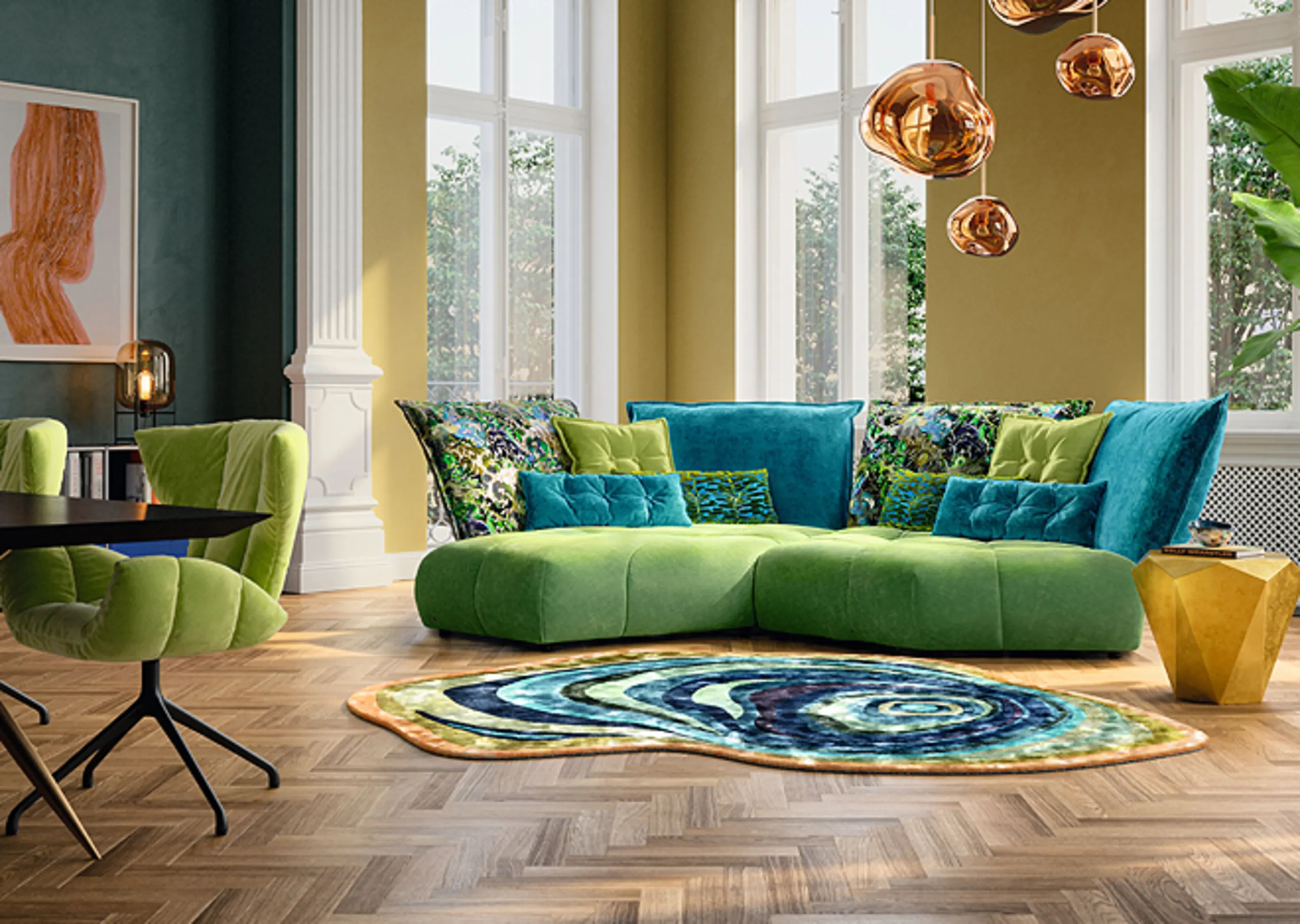 Wohnzimmer mit einer grünen Couch und einem grünen Stuhl