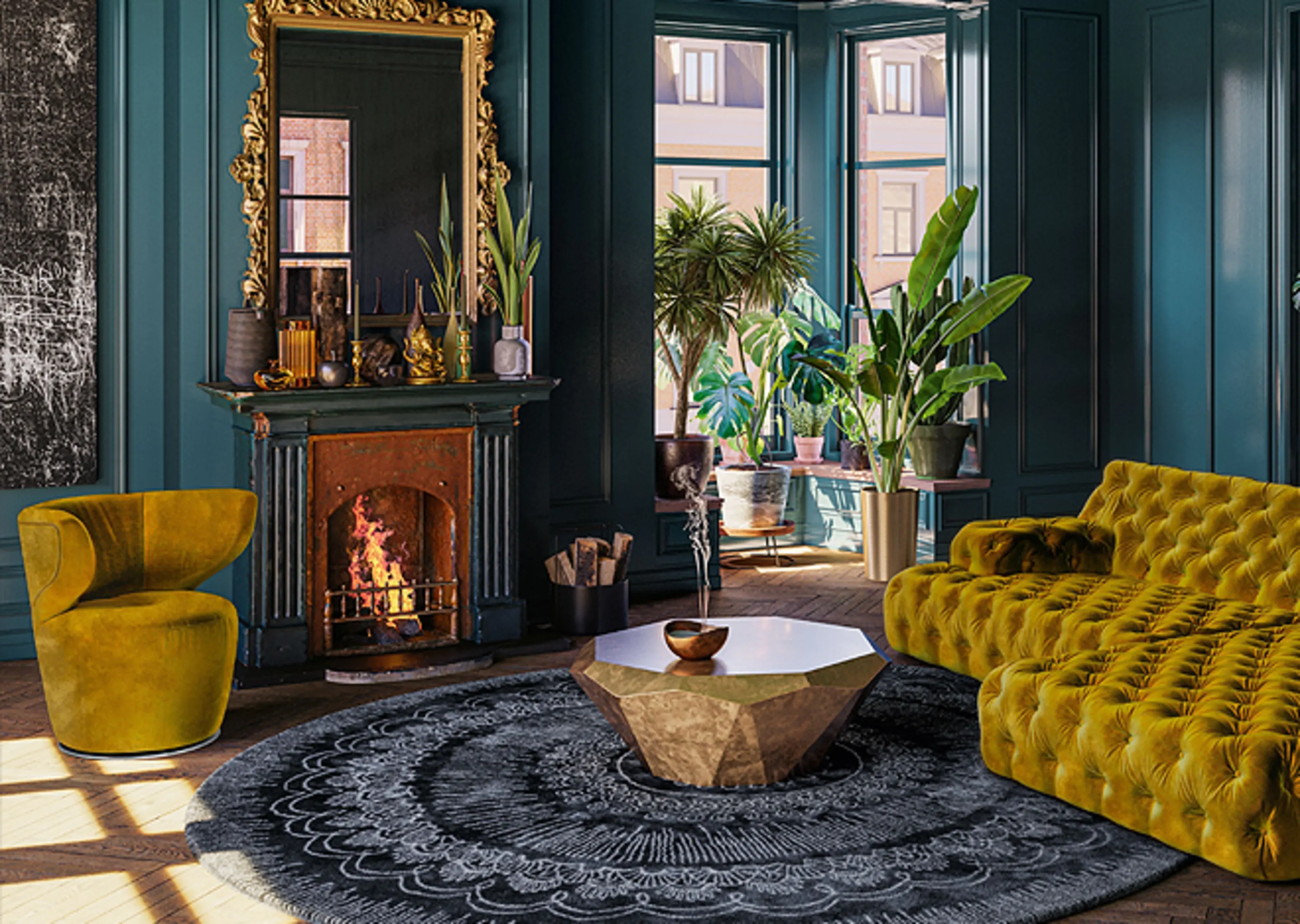 Wohnzimmer mit Kamin und einer gelben Couch