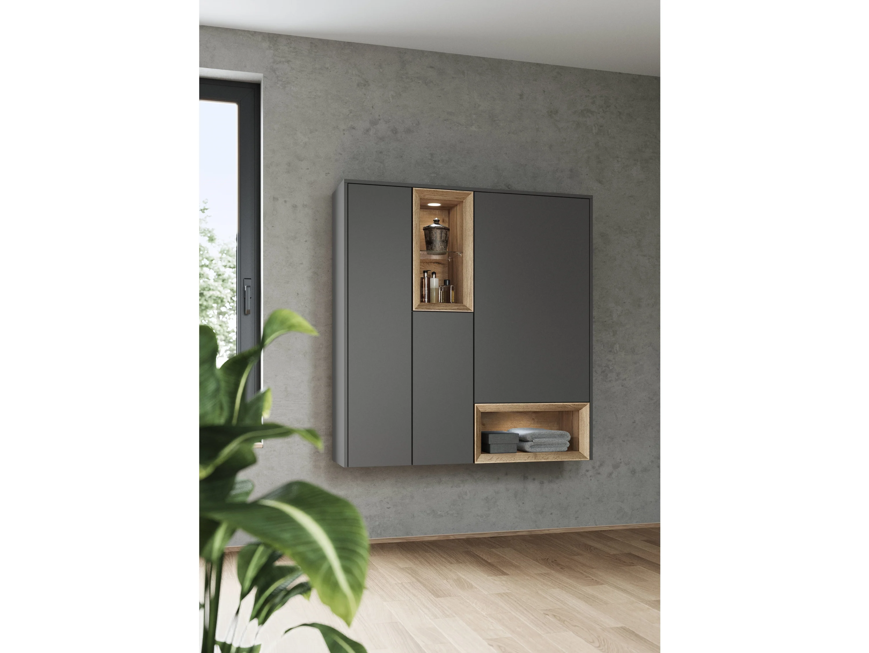 Badezimmer Highboard in Grau mit holzfarbenden Fächern, in denen Handtücher liegen