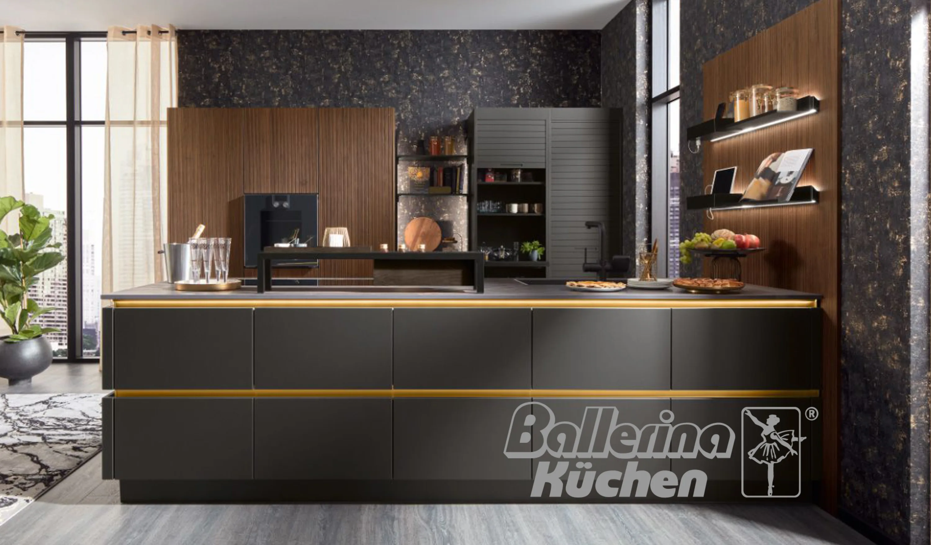 Küche mit einer schwarzen Theke und einer gelben Bar