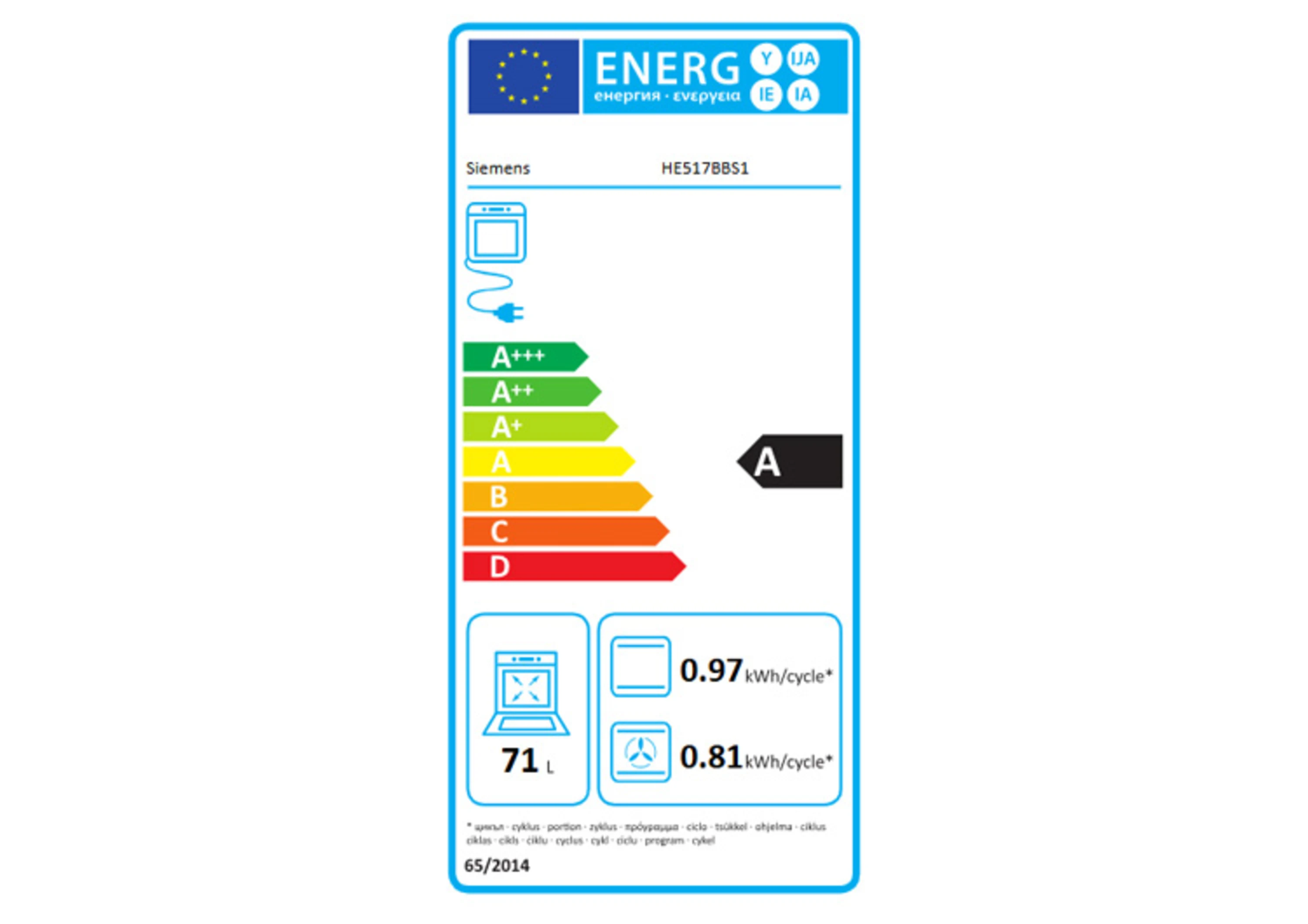 Energielabel Siemens Backofen HE517BBS1 mit Energieeffizienzklasse A